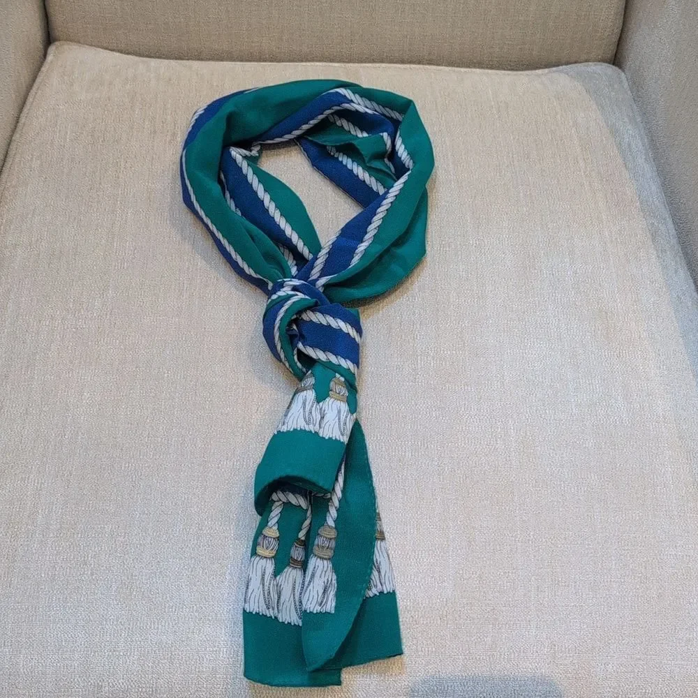 Vintage Ginnie Johansen Green & Blue Silk Scarf with Nautical Crest Signed